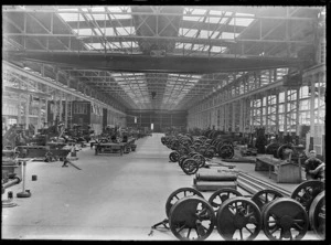 Interior view of one of the railway workshops, probably the wheel press shop at Hillside, Dunedin