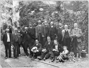 Tibbutt, Walter Francis, -1929: Photograph of a group of men at the Karori Reservoir, 1908