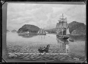 Photograph of a painting depicting the arrival of the Philip Laing at Port Chalmers 15 April 1848, with the John Wickliffe at anchor.