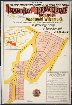 Plan of sixty three splendid building sections, Island Bay Terrace Estate, Melrose / W.O. Beere, surveyor.