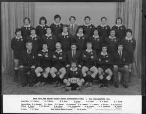 Team photo of New Zealand Maori Rugby Union Representatives v Fiji, Wellington, 1974 - Photograph taken by Frank Thompson Redfern Studio