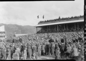 Arrival of the Southern Cross at Wellington, possibly Trentham. Crowd scene showing stadium