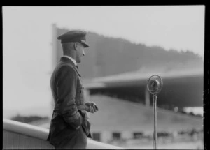Arrival of the Southern Cross at Wellington, possibly Trentham. C Kingsford Smith at microphone