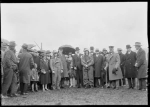 Arrival of the Southern Cross at Wellington, possibly Trentham. Crew and dignatories