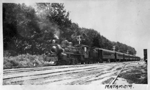 Steam locomotive with passenger train at Matamata
