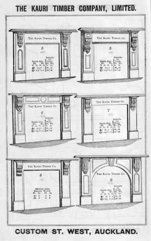 The Kauri Timber Company Ltd (Auckland Office) :[Mantelpieces, models 3,5,6,7,8,9. Catalogue page. ca 1906].