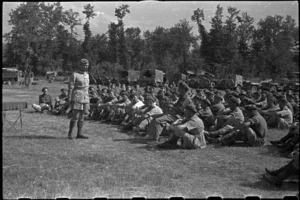 Brigadier Cyril Weir giving a farewell address to artillerymen, near Arce, Italy, during World War 2 - Photograph taken by George Robert Bull