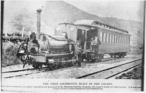 "The Weka", first locomotive built in New Zealand, 1876, built by James Davidson for the Hurunui-Bluff section of the South Island lines