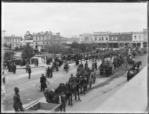 Crowd watching parade of soldiers in Palmerston North Square