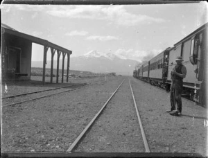 Train at Waiouru Railway Station, with Mount Ruapehu in the background
