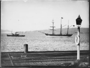 The iron barquentine 'Jasper' being towed in Otago Harbour.