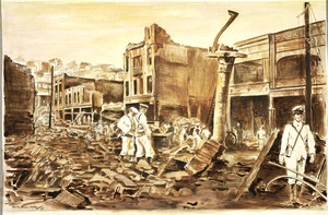 MacNab, Donald George, 1912-1996 :Servicemen clearing debris in Hastings Street. "Tom Parker" building in centre; "Hannahs" building on far left. [19]31.