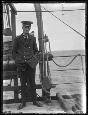 Lieutenant [Hardy?] in uniform on deck on board troopship
