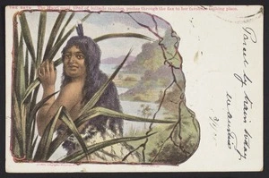 White, Benoni William Lytton, 1858-1950 :The bath. The Maori maid, tired of hillside rambles, pushes through the flax to her favourite bathing place. New Zealand Post Card. A D Willis, Lithographer, Wanganui, NZ. Benoni White del [1905]