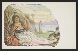 White, Benoni William Lytton, 1858-1950 :A secluded retreat. Embowered amidst Toi Toi, the young Chieftainess is guarded by the alert duenna. New Zealand Post Card. A D Willis, Lithographer, Wanganui, NZ. Benoni White del [ca 1902]