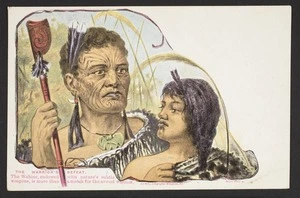 White, Benoni William Lytton, 1858-1950 :The warrior's defeat. The wahine, endowed with nature's subtle weapons, is more than a match for the armed warrior. New Zealand Post Card. A D Willis, Lithographer, Wanganui, NZ. Benoni White del [ca 1902]