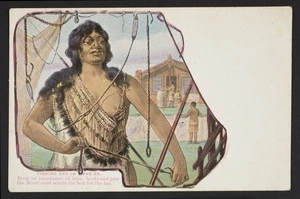 White, Benoni William Lytton, 1858-1950 :Fishing day in the pa. From an assortment of lines, hooks and gear the Maori maid selects the best for the day. New Zealand Post Card. A D Willis, Lithographer, Wanganui, NZ. [ca 1902]