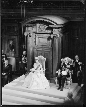 Her Majesty Queen Elizabeth II reading her speech at the ceremonial opening of Parliament, Wellington - Photograph taken by W Walker