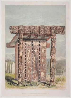 Angas, George French, 1822-1886 :Monument to TeWhero's favorite daughter, at Raroera Pah, near Otawhao. George French Angas [delt]; J. W. Giles [lith]. Plate 10. 1847