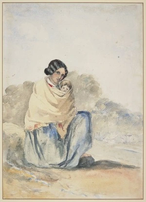 Oliver, Richard Aldworth, 1811-1889 :Maori woman and child outside a stockade. [ca 1850]