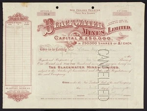 Blackwater Mines Limited :Certificate no. 675. This is to certify that [William Aloysius Conlon of Reefton] is the registered proprietor of [500] shares of £1 each. [4 January 1913]
