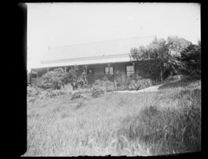 Unidentified house, people, and garden, Chatham Islands