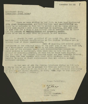 Letter from Paolo Casa to Lieutenant Greig, Commandant Somes Island
