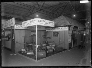 A stand at a trade fair in 1930, advertising Green's lawn mowers, with H J Ryan, sole agent, 26 St Paul's St, Auckland.