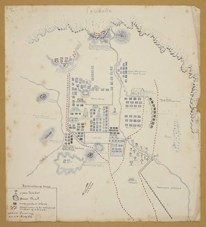 [Smith, Stephenson Percy] 1840-1922 :[Plan of] Parihaka. [1881?]. Explanation of map - open timber, dense bush, unimportant whares, positions to be occupied in case of attack, fencing, roads.