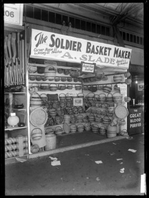 A stand at a trade fair in 1930, advertising A. Slade, The Soldier Basket Maker, of Auckland.