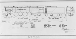 Blueprint plan for K class steam locomotive, New Zealand Railways no 900, 4-8-4 type