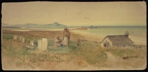 [Hodgkins, Frances Mary] 1869-1947 :[Church at Puketeraki with Karitane in the background. ca 1890?]