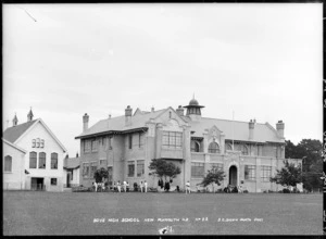 New Plymouth Boys' High School, New Plymouth; buildings, lawn, and cricket game