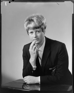 Unidentified woman member of the New Zealand swimming team, British Empire Games, Kingston, 1966. [member of Island Bay Life Saving and Surf Club Inc?]