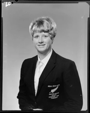 Unidentified woman member of the New Zealand swimming team, British Empire Games, Kingston, 1966 [member of Island Bay Life Saving and Surf Club Inc?]