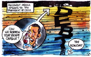 President Obama speaks to the President of Chile. "Can we borrow your escape capsule?" 15 October 2010