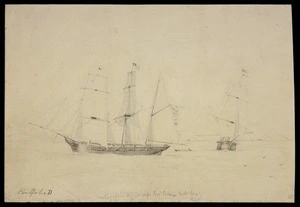 Heaphy, Charles 1820-1881 :Meeting of the N.Z. Co's ships Tory & Cuba in Cook's Straits, 1840