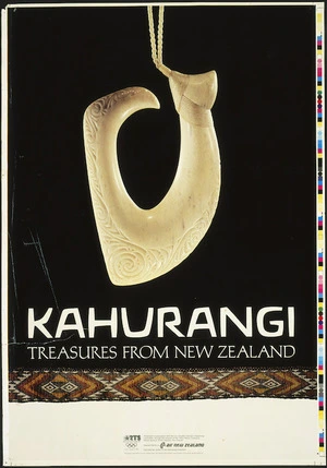 [Geard, Mark], fl 1980s :Kahurangi; treasures from New Zealand. Olympic Arts Festival Los Angeles 1984. June 1 - August 12, 1984. Special thanks to Air New Zealand. Photography Brian Brake; Fish hook Stephen Myhre; Taniko band Donna Waiariki, Emily Schuester. Poster design Missen & Geard Ltd. [1984].