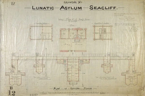 Lawson, Robert Arthur, 1833-1902 :Lunatic Asylum, Seacliff. Plan of ground floor. Drawing No. 1. 1881.