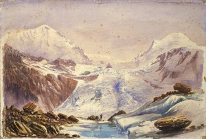 Green, William Spotswood, 1847-1919 :Hochstetter Icefall. Mount Cook to left. N. Zealand Alps. [March 1882].