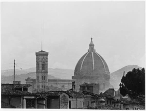 Dome of Palazzo Vecchio and Giotto's Campanile partly obscured by smoke during World War II, Florence