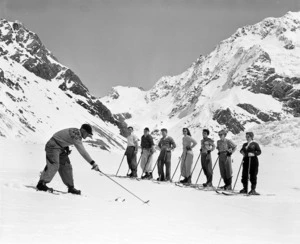 Skiers undergoing instruction on Ball Glacier