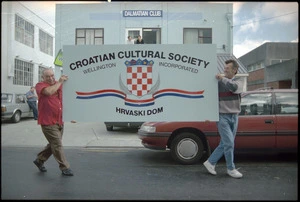 Marijan Koskovic and Drago Krzanic with the new sign for the Croatian Cultural Society - Photograph taken by Craig Simcox