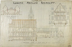 Lawson, Robert Arthur, 1833-1902 :Lunatic Asylum, Seacliff. [Longitudinal and transverse sections]. Drawing No. 4. 1881.