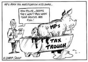 MP's perk tax investigation hits snag... "How polite... seems they won't talk when their mouths are full!" ca 3 September 2002.