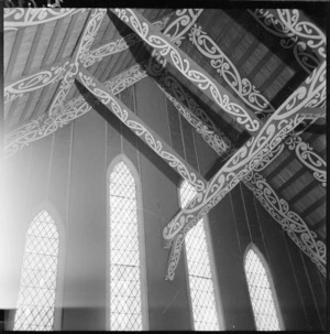 View of Maori designs on the rafters inside Rangiatea church, Otaki
