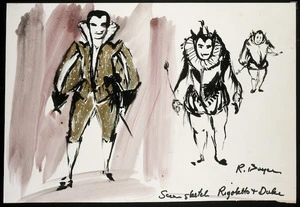 Boyce, Raymond Stanley, 1928-2019 :Scene sketch. Rigoletto & duke. [Costume design for the New Zealand Opera Company national tour 1964].