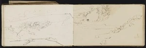 Mantell, Walter Baldock Durrant, 1820-1895 :[Gully with curious rock formations at upper end sweeping down to a bay. 1848.] [Gully with curious rock formations ..... in Otara Glen]