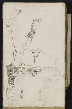 Mantell, Walter Baldock Durrant, 1820-1895 :[Design for fireplace and mantlepiece, with moa bones placed on top. 1848]