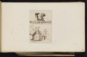 Mantell, Walter Baldock Durrant, 1820-1895 :[Three heads protruding from a single cloak in a landscape. Cottage. 1848?]
